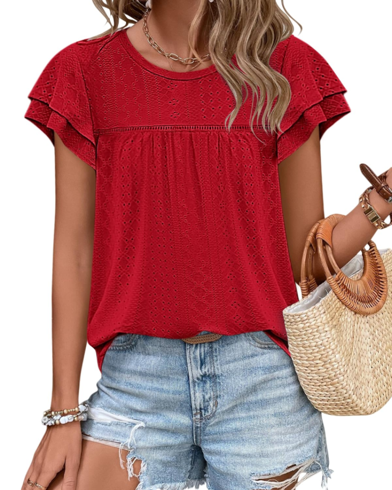 Isara Top Femme – Blusa com Ilhós e Folhos, Corte Babydoll Fluido & Estilo Verão Chic