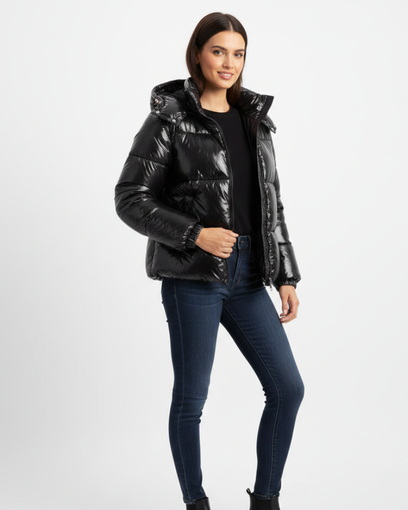 Gigi Doudoune Femme Brillante – Veste Matelassée Chaude avec Capuche Amovible