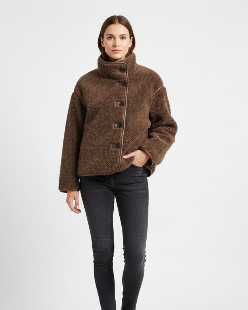 Yllana Elegante Dames Fleece Jas – Hoge Kraag & Knopsluiting voor Herfst en Winter
