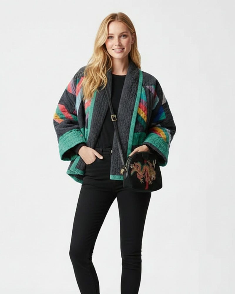 Zeline Vattert Jakke Dame – Oversized Retro Patchwork Frakk med Moderne Stil