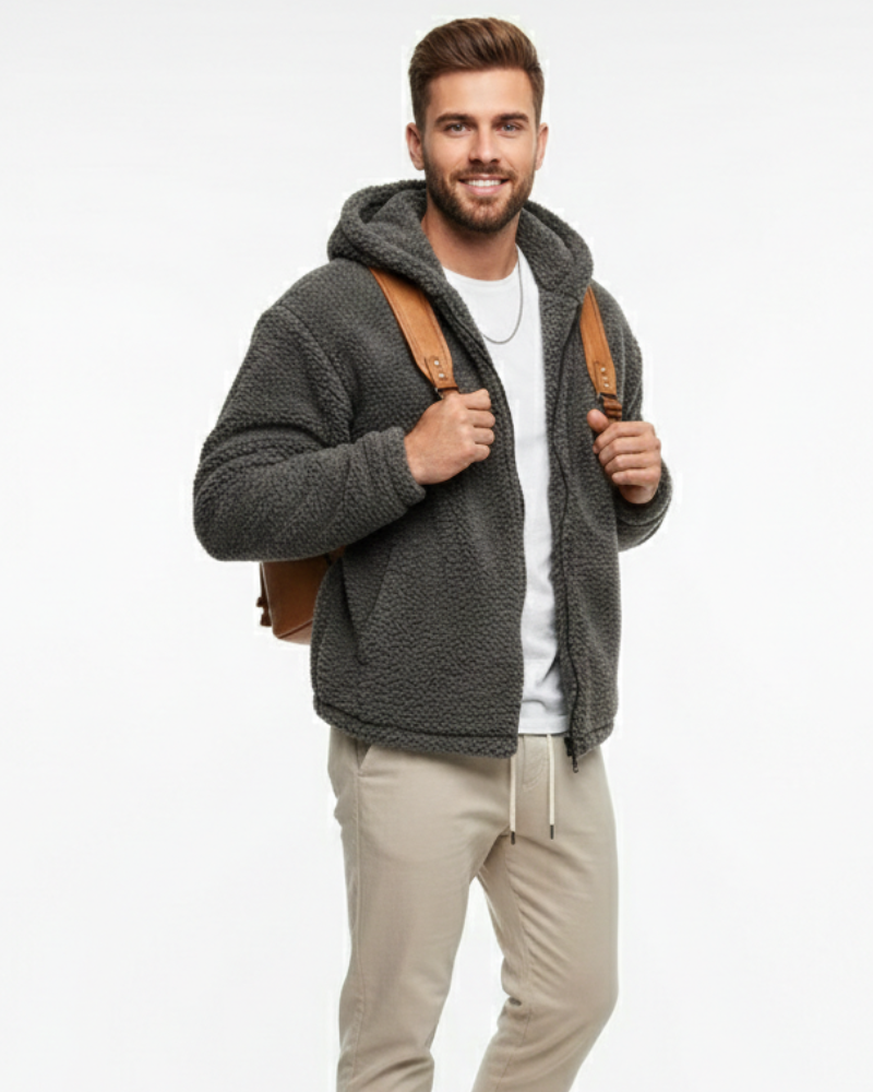 Lucio Men's Teddy Jacket – Warm Fleece with Hood, Zipper Closure & Secure Pockets