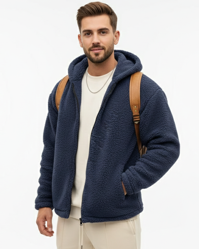 Lucio Men's Teddy Jacket – Warm Fleece with Hood, Zipper Closure & Secure Pockets
