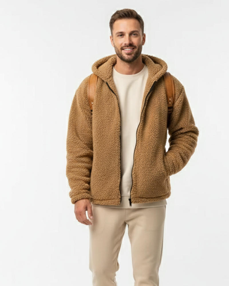 Lucio Men's Teddy Jacket – Warm Fleece with Hood, Zipper Closure & Secure Pockets