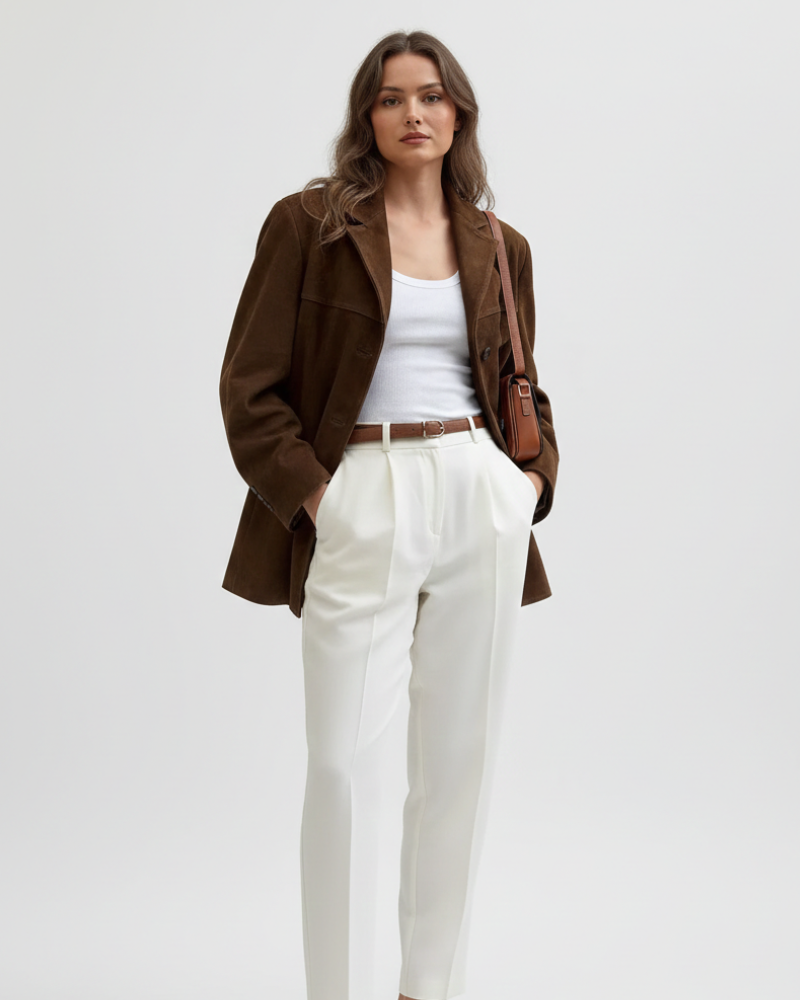 Sacou Sienna din piele întoarsă pentru femei – Jachetă elegantă cu croială modernă din piele întoarsă maro