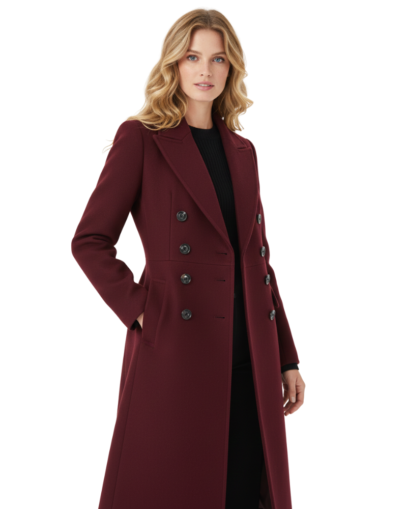 Vian Manteau Long Femme – Manteau en Laine à Revers Élégant & Double Boutonnage