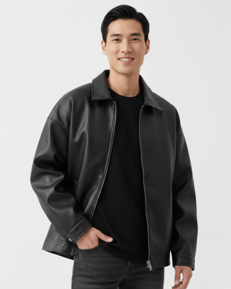 Milan Veste Homme en Similicuir – Coupe Oversize avec Col Classique et Fermeture Zippée