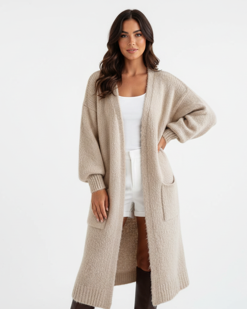 Cárdigan Laleng Largo Oversize para Mujer – Chaleco de Punto Suave con Bolsillos y Corte Informal