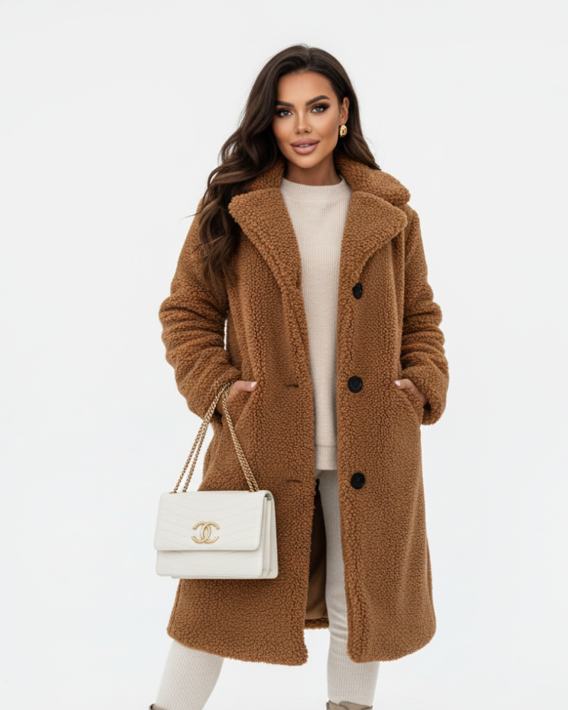 Ellen Manteau Teddy Largo Mujer – Chaqueta Caliente Beige con Corte Elegante y Confort Suave