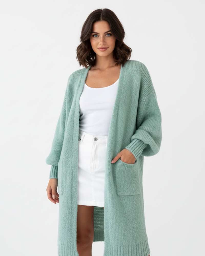 Cárdigan Laleng Largo Oversize para Mujer – Chaleco de Punto Suave con Bolsillos y Corte Informal