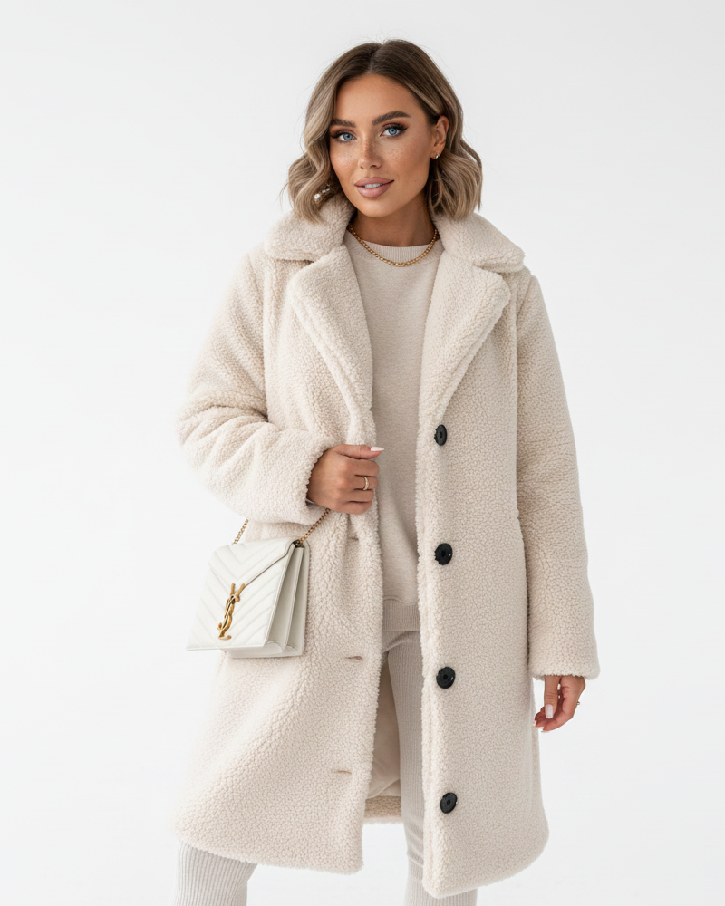Ellen Manteau Teddy Largo Mujer – Chaqueta Caliente Beige con Corte Elegante y Confort Suave