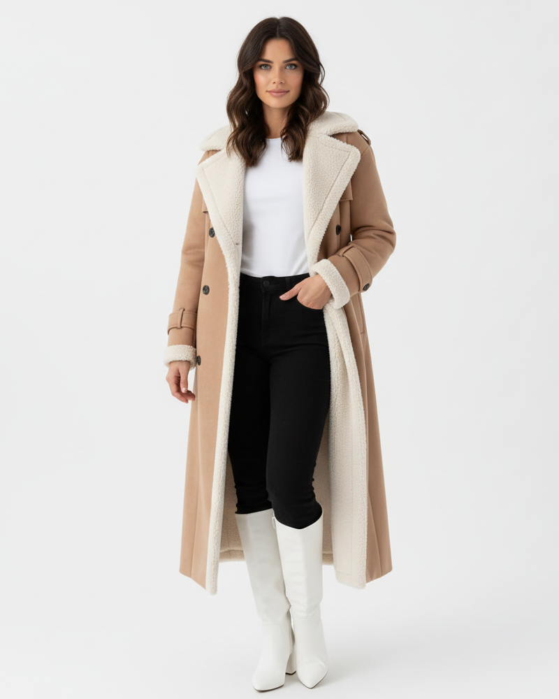 Rinna Long Coat for Women – Double-Breasted Suede Effect Jacket with Lined Collar & Chic Style