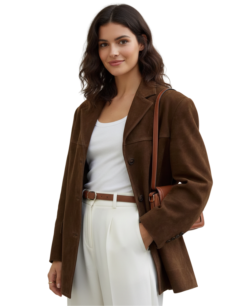Marga Suede Blazer for Women – Chic Brown Jacket with Modern Cut & Stretch Fabric