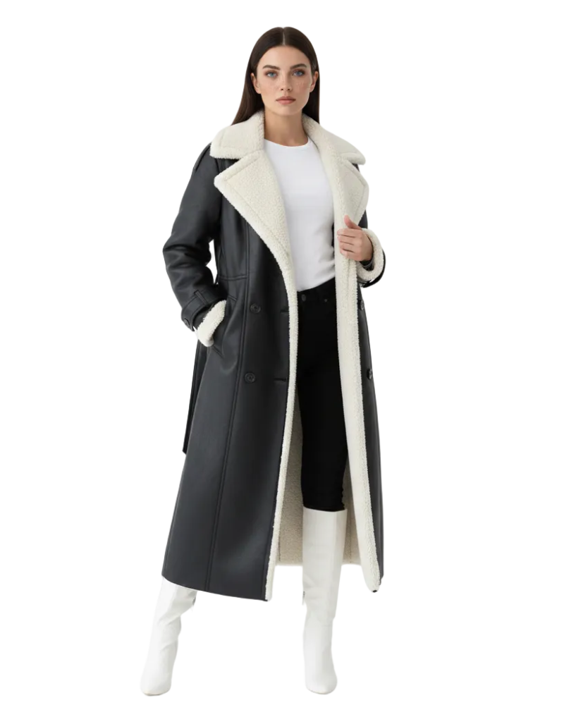Rinna Long Coat for Women – Double-Breasted Suede Effect Jacket with Lined Collar & Chic Style