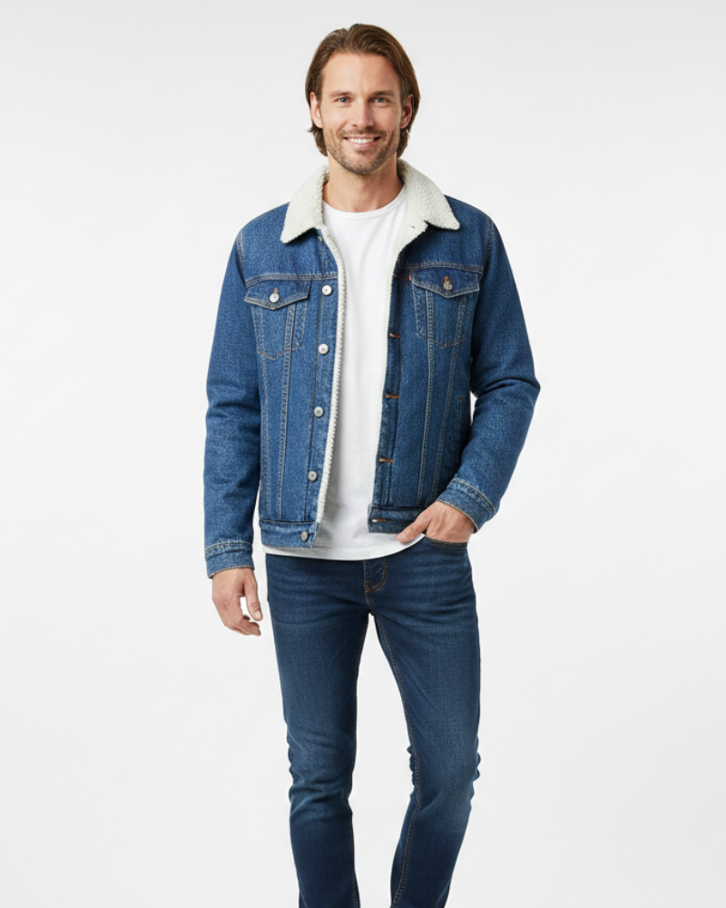 Cannon Jakke i Denim til Mænd med Fleecefor – Mørkeblå Denim, Forstærket Krave & Vintervarme