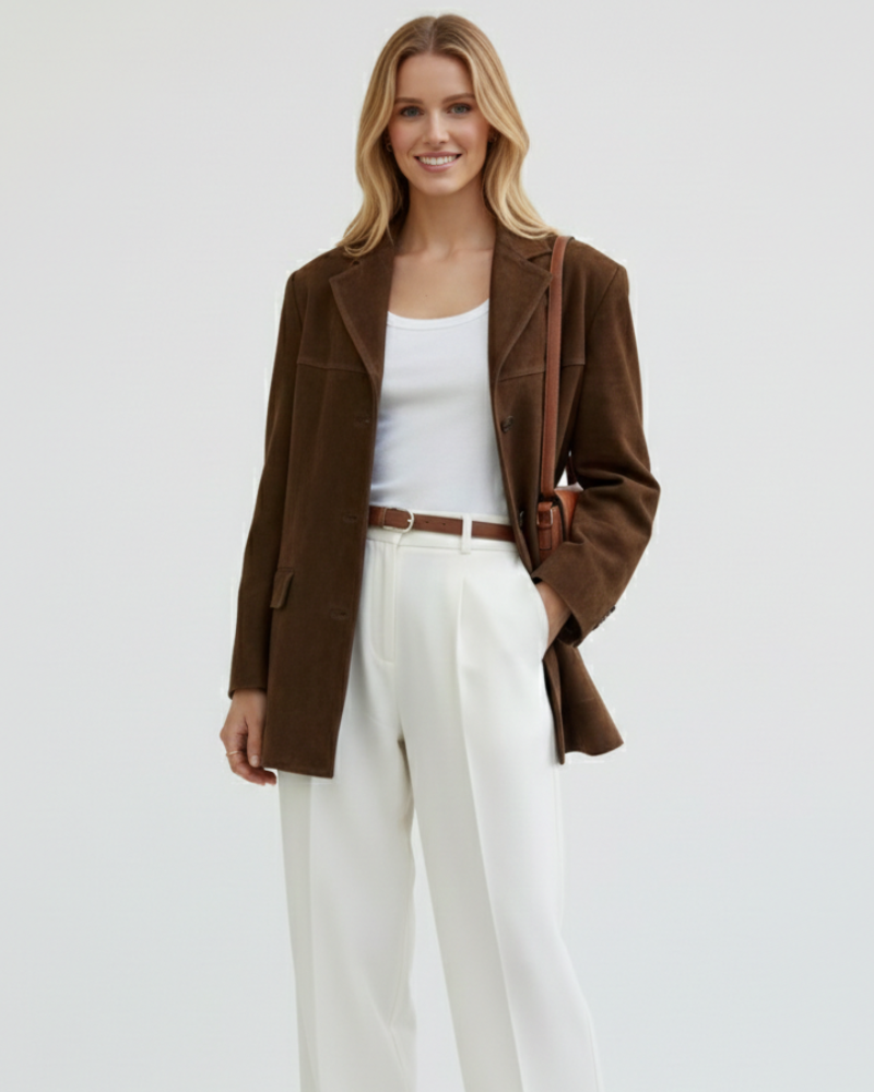 Marga Suede Blazer for Women – Chic Brown Jacket with Modern Cut & Stretch Fabric