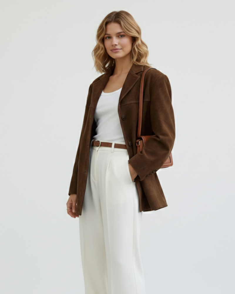 Marga Suede Blazer for Women – Chic Brown Jacket with Modern Cut & Stretch Fabric