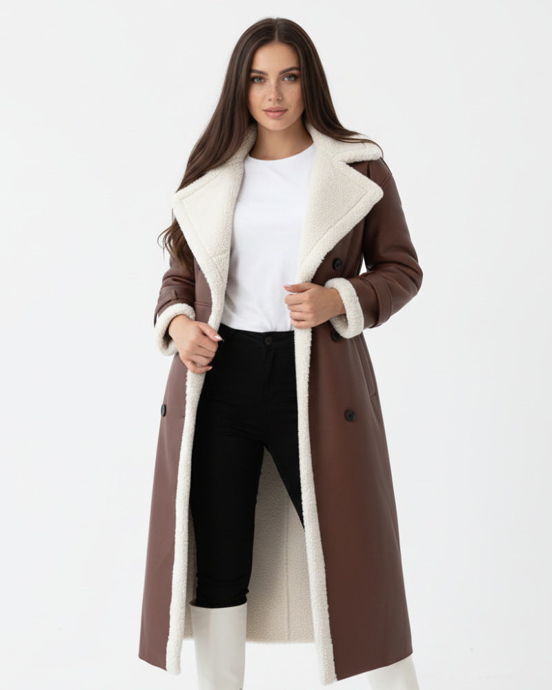 Rinna Long Coat for Women – Double-Breasted Suede Effect Jacket with Lined Collar & Chic Style