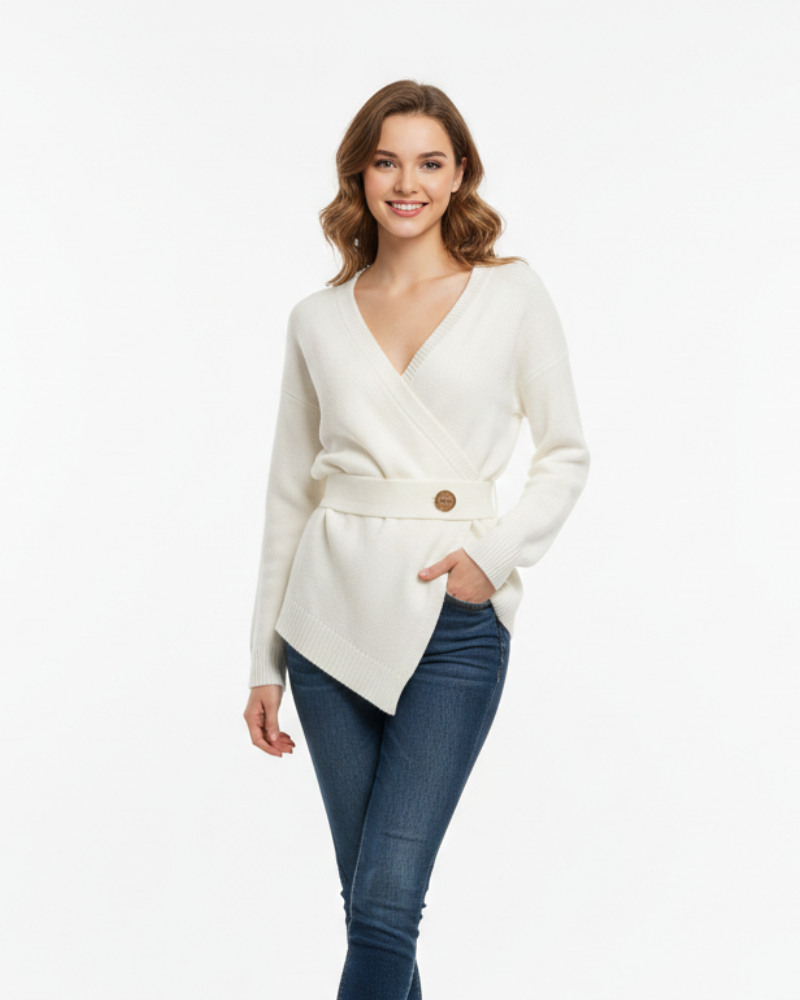 Brinley Pull Croisé Femme – Maille Côtelée, Col V Structuré & Silhouette Élégante