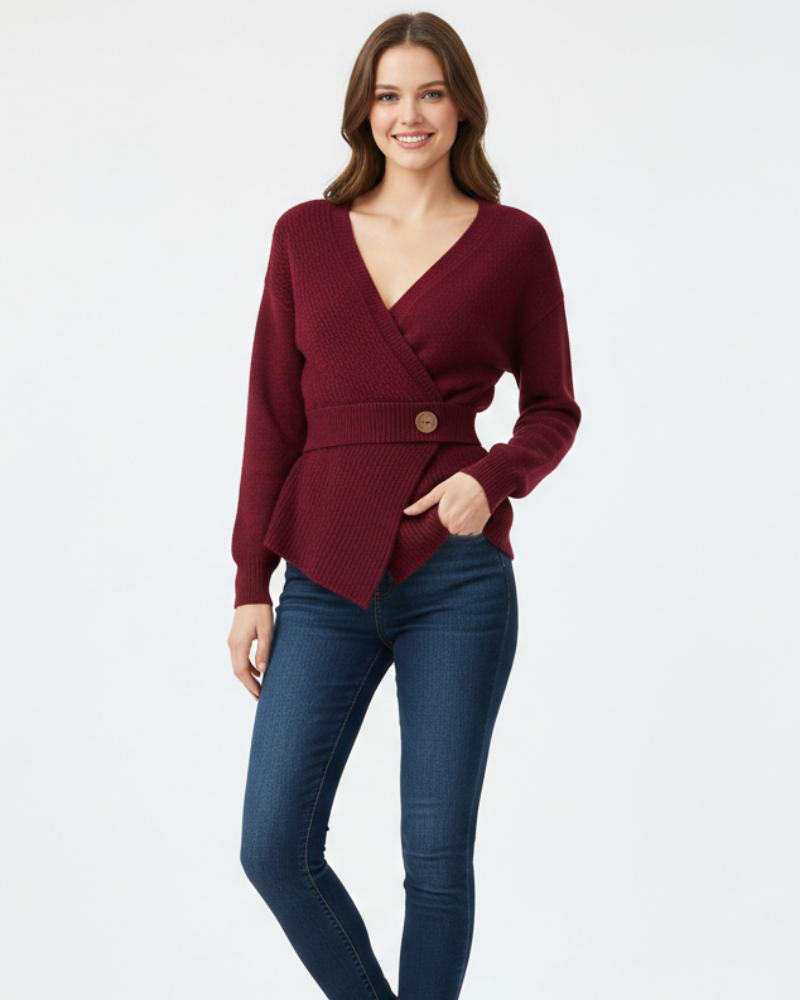 Brinley Pull Croisé Femme – Maille Côtelée, Col V Structuré & Silhouette Élégante