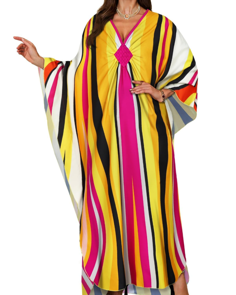 Janet Kaftan Femme Grande Taille – Maxi lepršava haljina za plažu, V-izrez i boho šišmiš rukavi