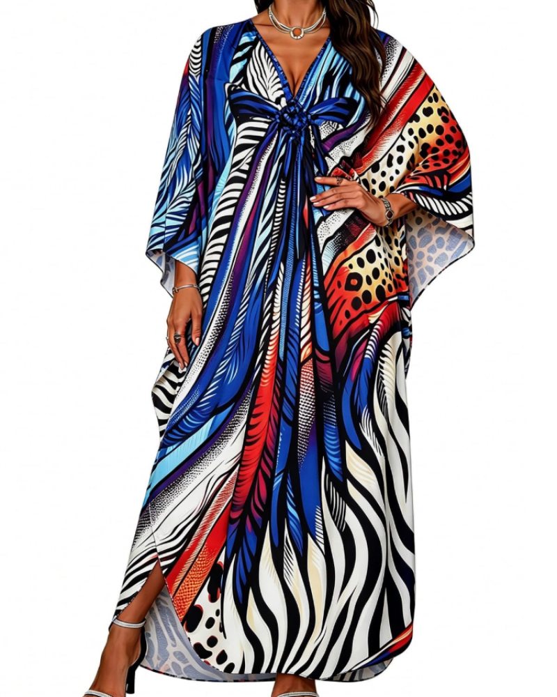 Janet Kaftan Femme Grande Taille – Maxi lepršava haljina za plažu, V-izrez i boho šišmiš rukavi
