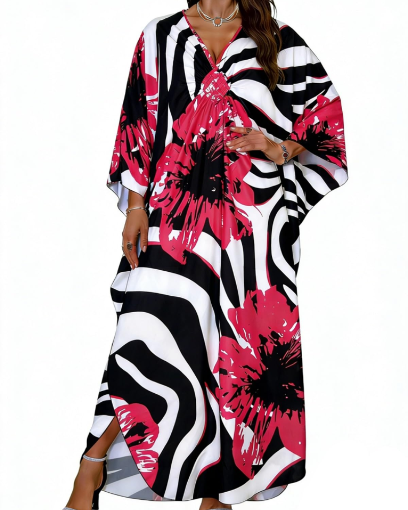Janet Kaftan Femme Grande Taille – Maxi lepršava haljina za plažu, V-izrez i boho šišmiš rukavi