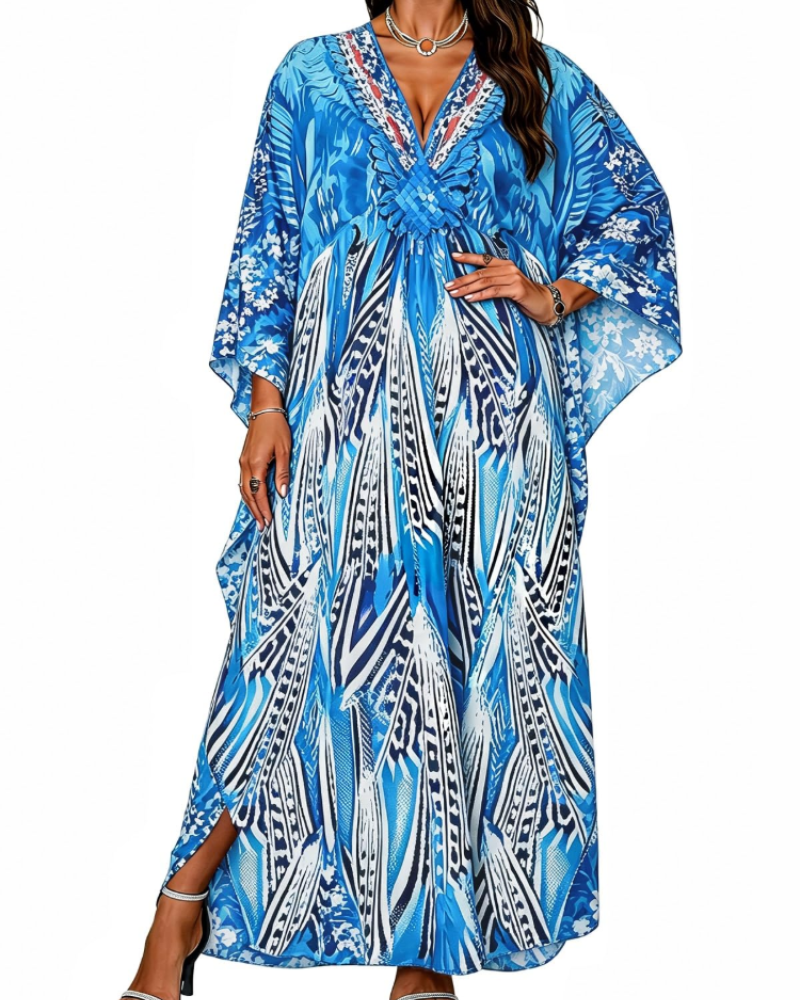 Janet Kaftan Femme Grande Taille – Maxi lepršava haljina za plažu, V-izrez i boho šišmiš rukavi