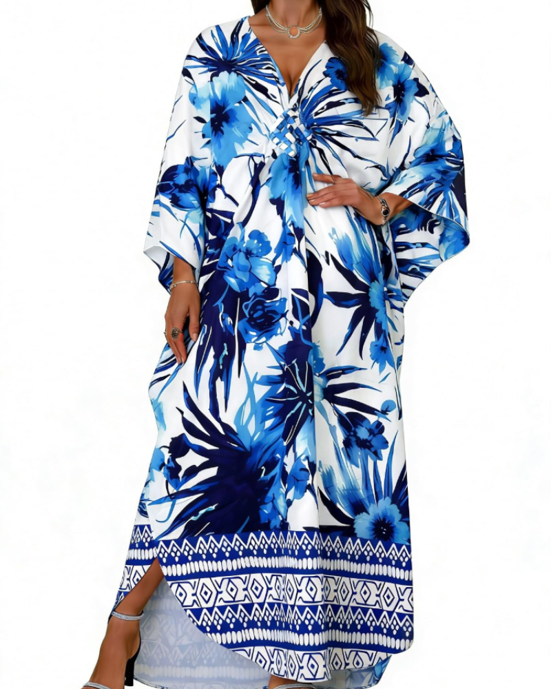 Janet Kaftan Femme Grande Taille – Maxi lepršava haljina za plažu, V-izrez i boho šišmiš rukavi