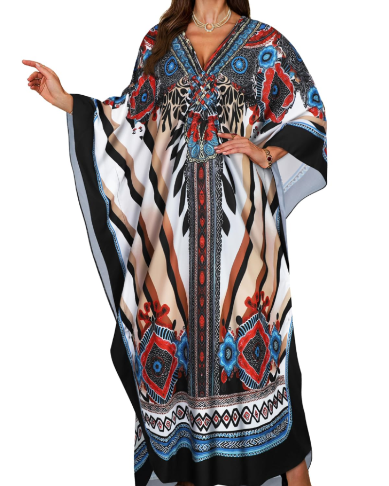 Janet Kaftan Femme Grande Taille – Maxi lepršava haljina za plažu, V-izrez i boho šišmiš rukavi