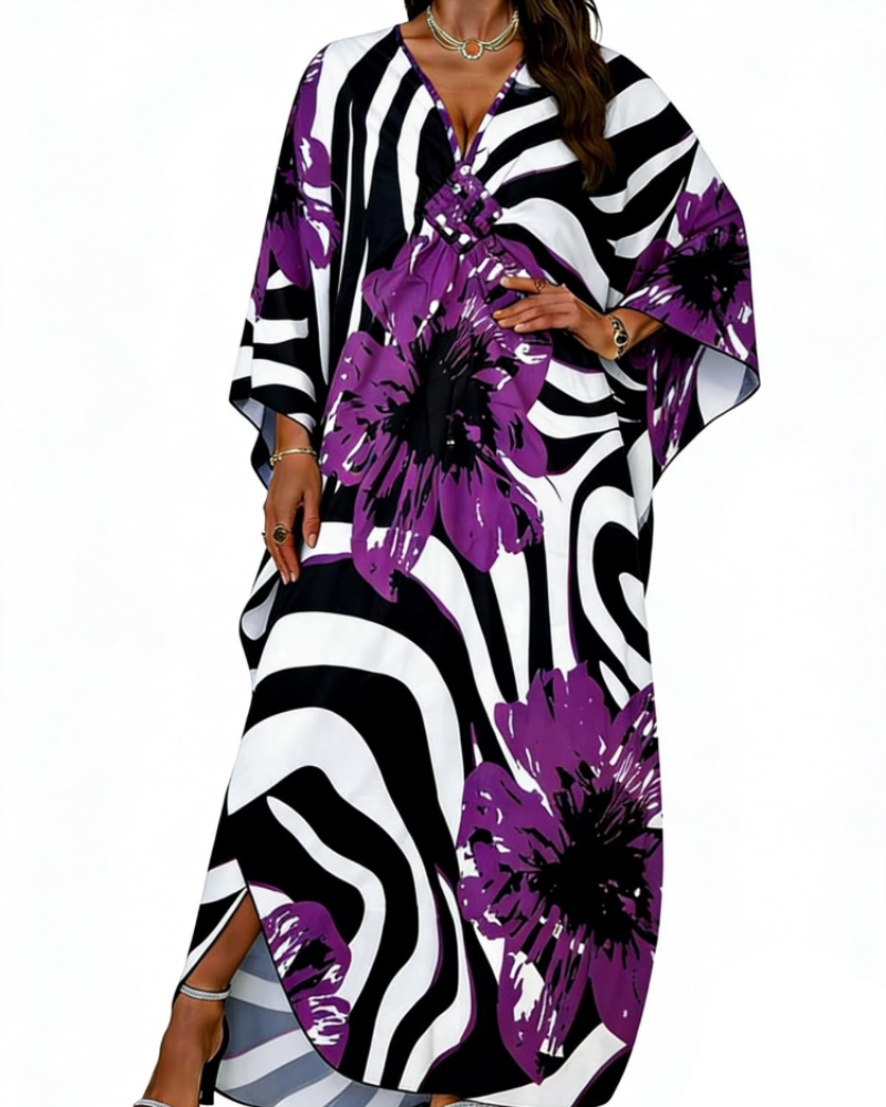 Janet Kaftan Femme Grande Taille – Maxi lepršava haljina za plažu, V-izrez i boho šišmiš rukavi