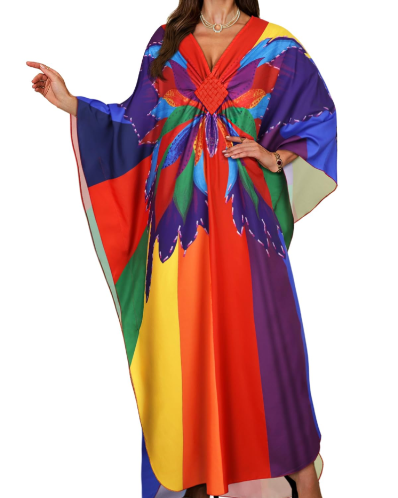 Janet Kaftan Femme Grande Taille – Maxi lepršava haljina za plažu, V-izrez i boho šišmiš rukavi