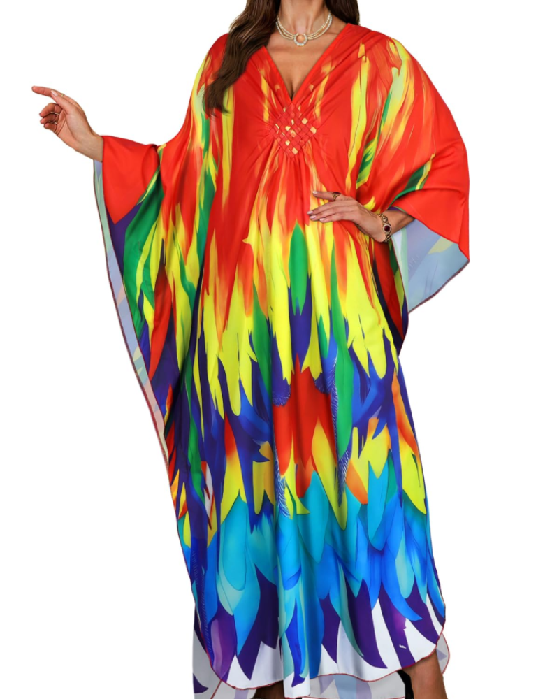 Janet Kaftan Femme Grande Taille – Maxi lepršava haljina za plažu, V-izrez i boho šišmiš rukavi