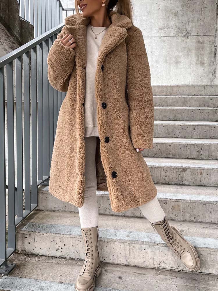 Cataleya Manteau Femme Teddy – Lang model blød i imiteret uld med varm pasform & lommer