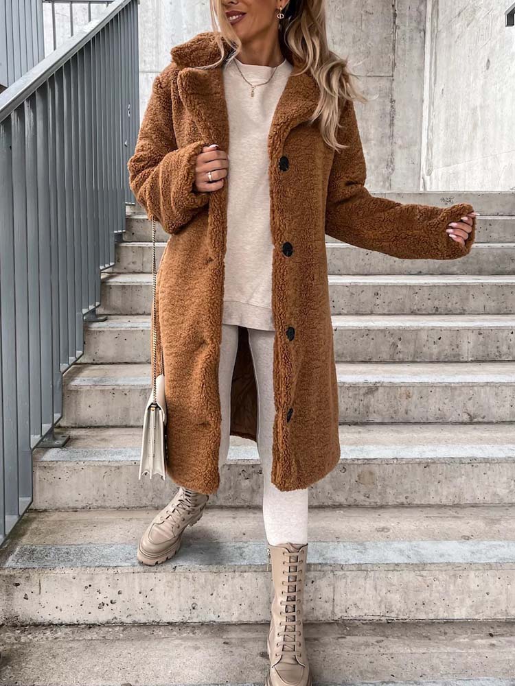 Cataleya Manteau Femme Teddy – Lang model blød i imiteret uld med varm pasform & lommer