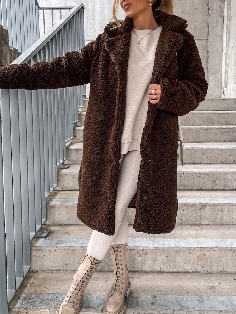 Cataleya Manteau Femme Teddy – Lang model blød i imiteret uld med varm pasform & lommer