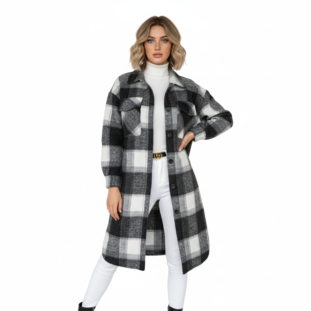 Jody Manteau Γυναικείο Καρό – Μακρύ Oversize Σακάκι από Μάλλινο Μείγμα Στυλ Shacket