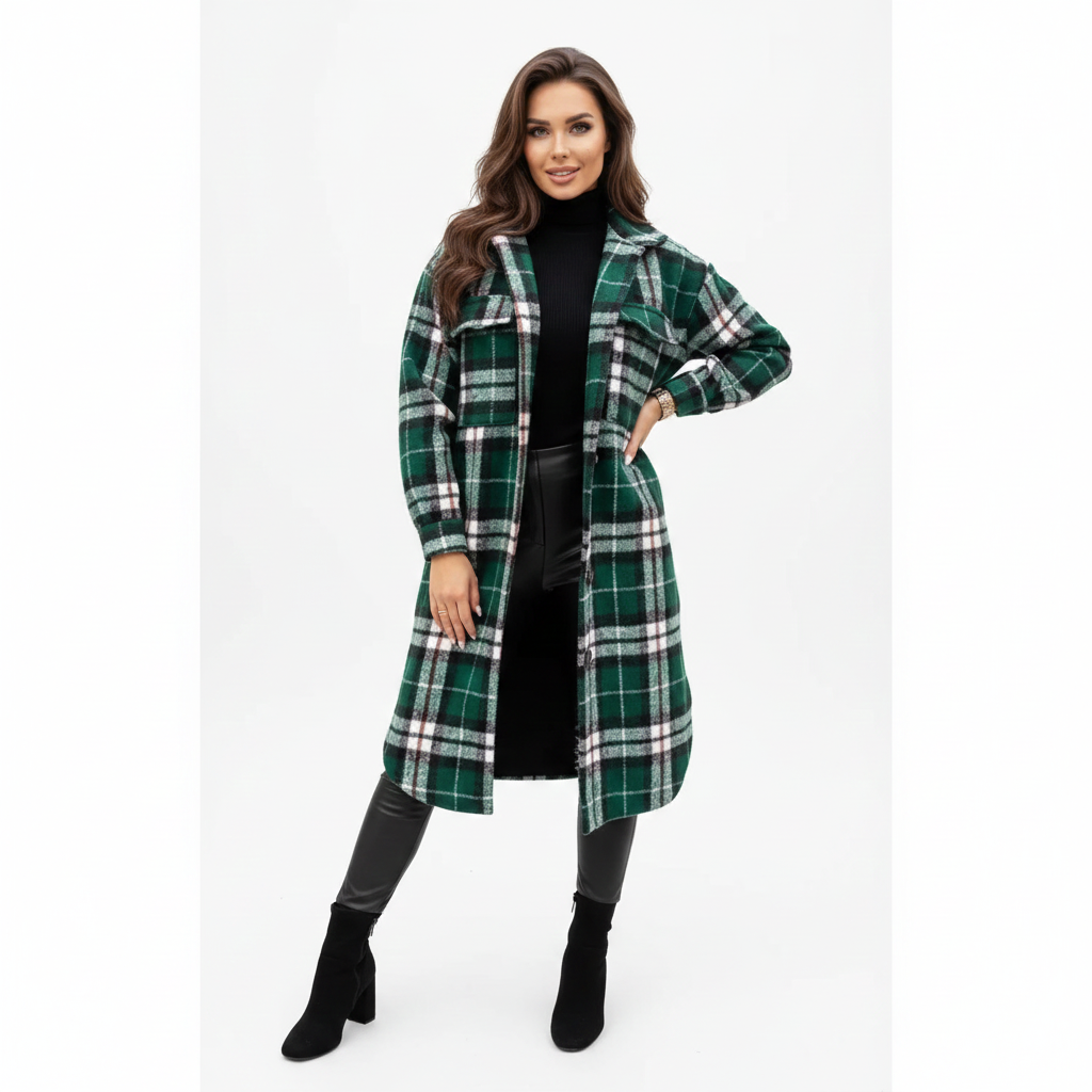Jody Manteau Γυναικείο Καρό – Μακρύ Oversize Σακάκι από Μάλλινο Μείγμα Στυλ Shacket