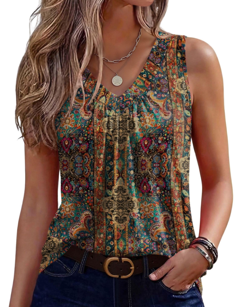 Top Kaira damă fără mâneci – Maiou cu decolteu în V plisat, croială fluidă elegantă de vară