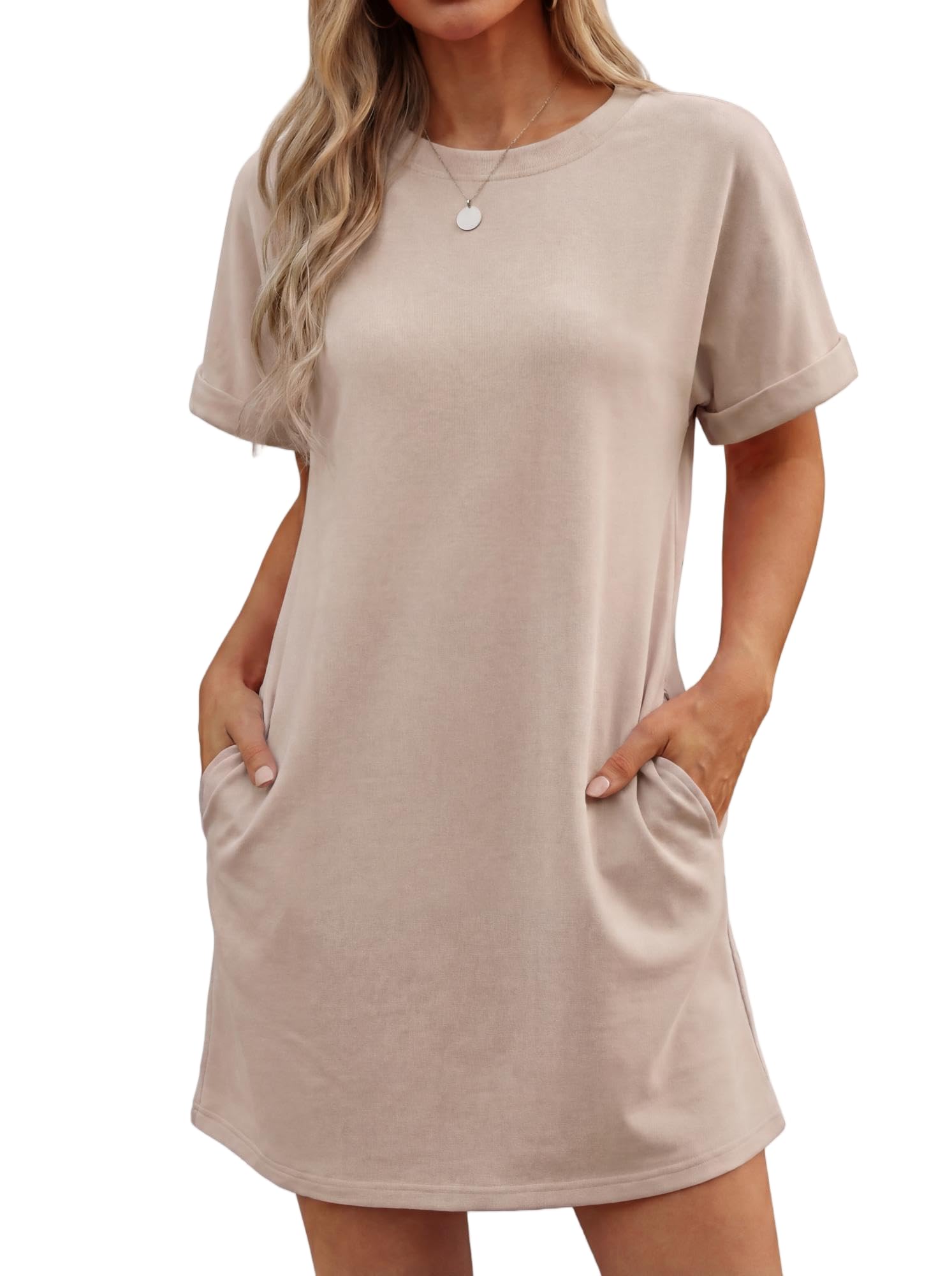 Vestido Lewina para mujer – Cuello redondo, mangas cortas, corte línea A mini y bolsillos, color liso verano