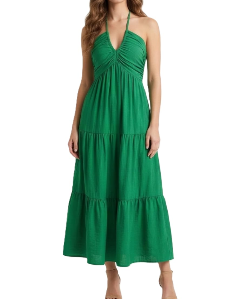 Leticia Robe Maxi Femme – Col Halter Ajustable, Coupe Fluide à Volants & Poches Été