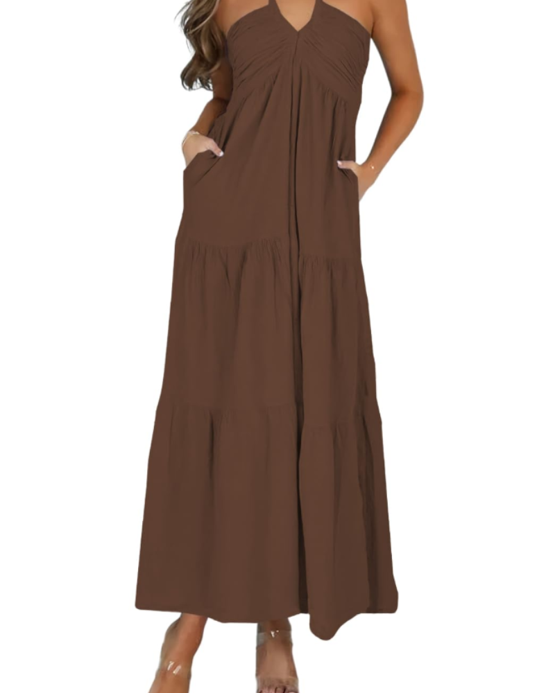 Leticia Robe Maxi Femme – Col Halter Ajustable, Coupe Fluide à Volants & Poches Été