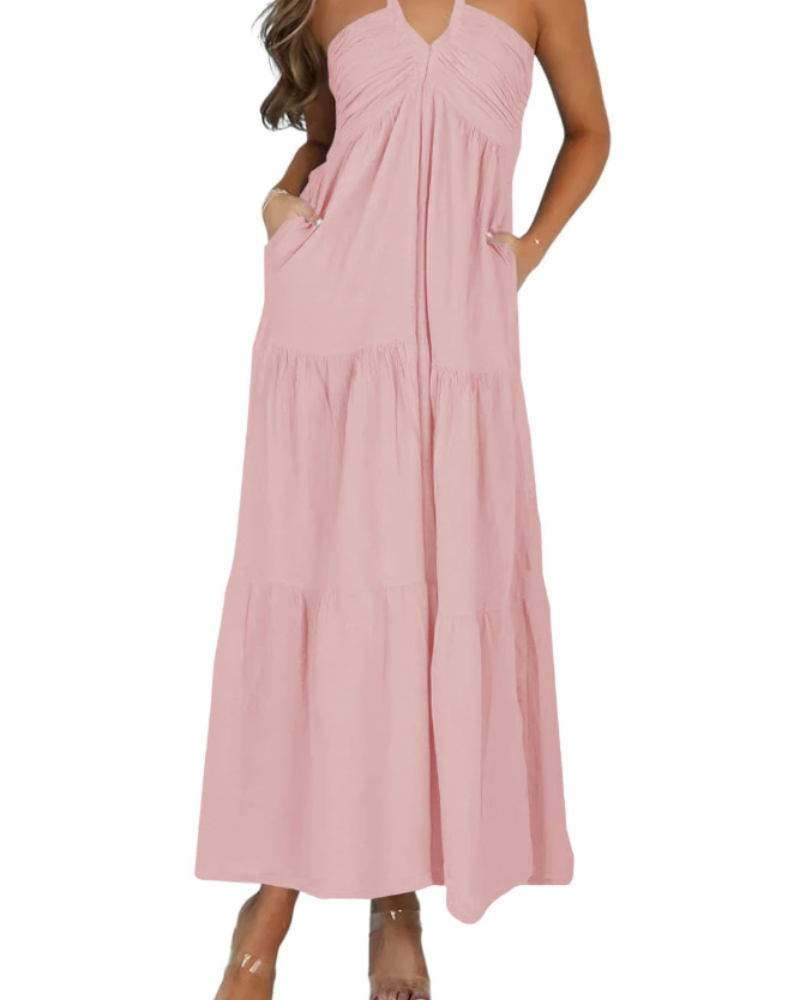 Leticia Robe Maxi Femme – Col Halter Ajustable, Coupe Fluide à Volants & Poches Été