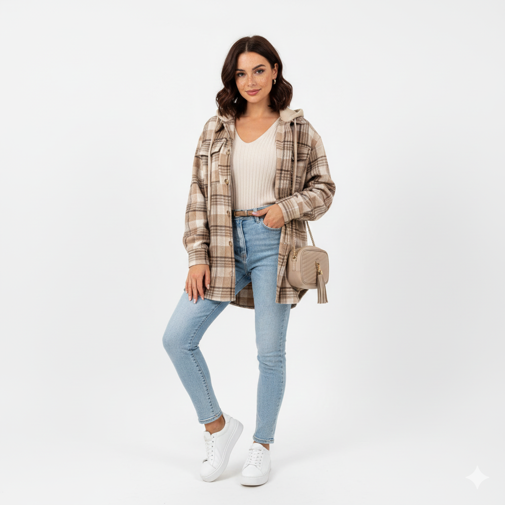 Lian Damejakke med hette – Varm rutete jakke med avslappet passform