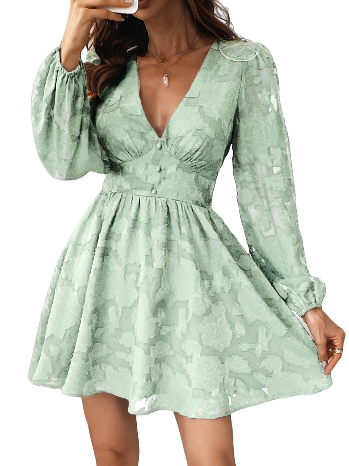 Virelle Robe Cupshe Femme – Dentelle Florale Col V, Manches Longues & Coupe A-Line Élégante