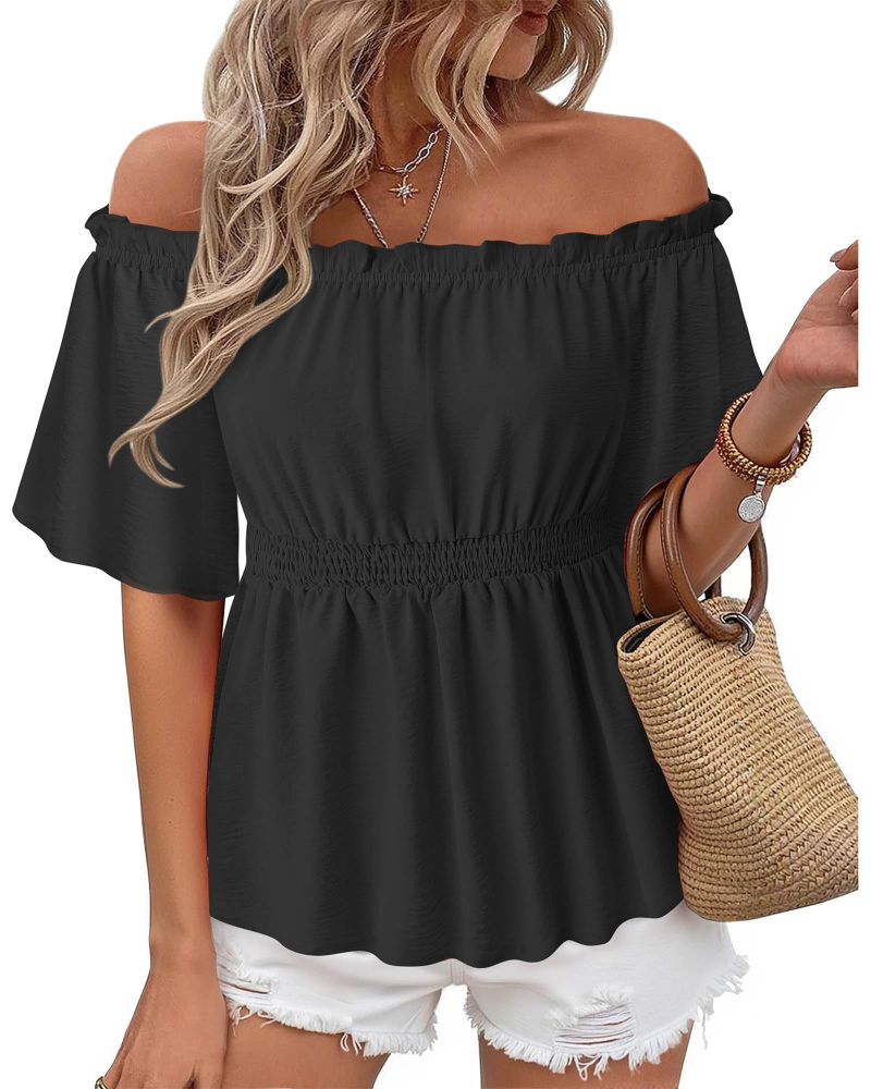 Lenora Top Femme – Váll nélküli fodros péplum blúz, elegáns, karcsúsított szabás, nyári