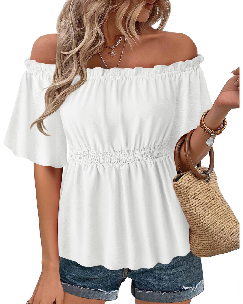 Lenora Top Femme – Váll nélküli fodros péplum blúz, elegáns, karcsúsított szabás, nyári