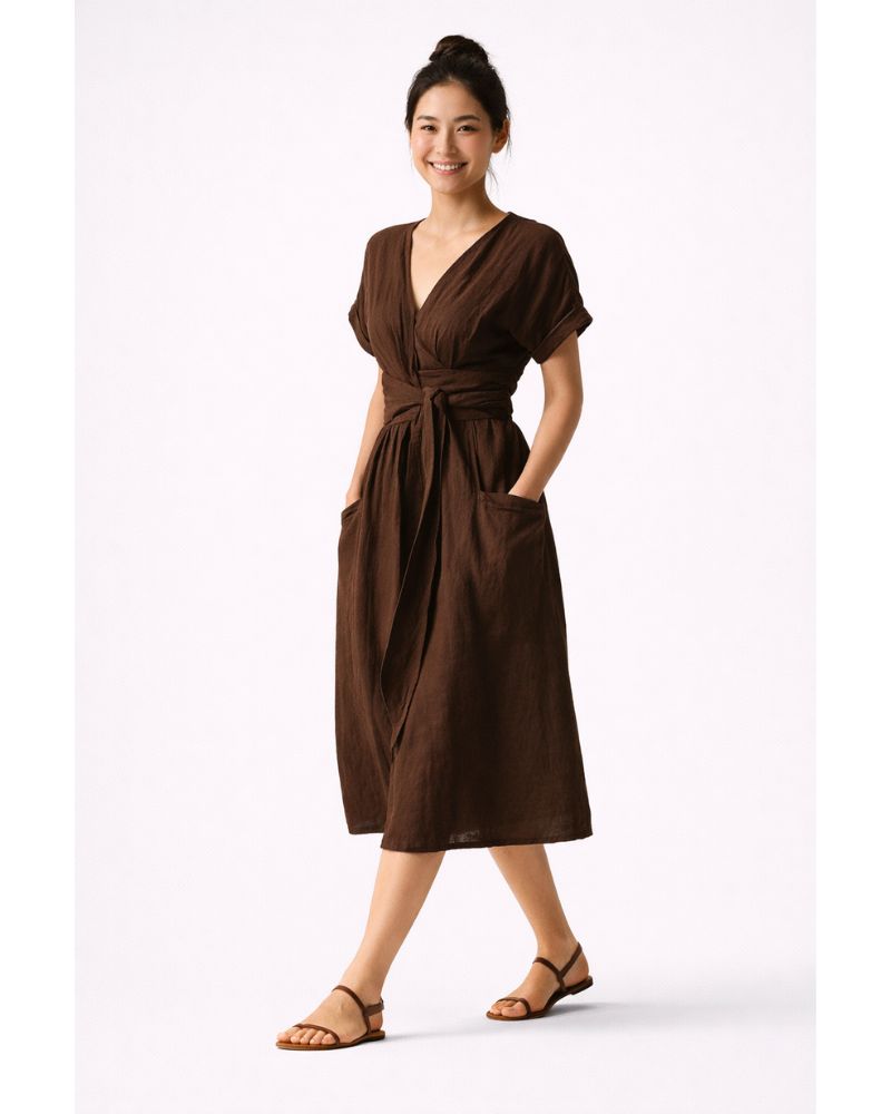 Lottie Robe Portefeuille en Lin – Élégante Robe en Lin Naturel Fraîche et Confortable