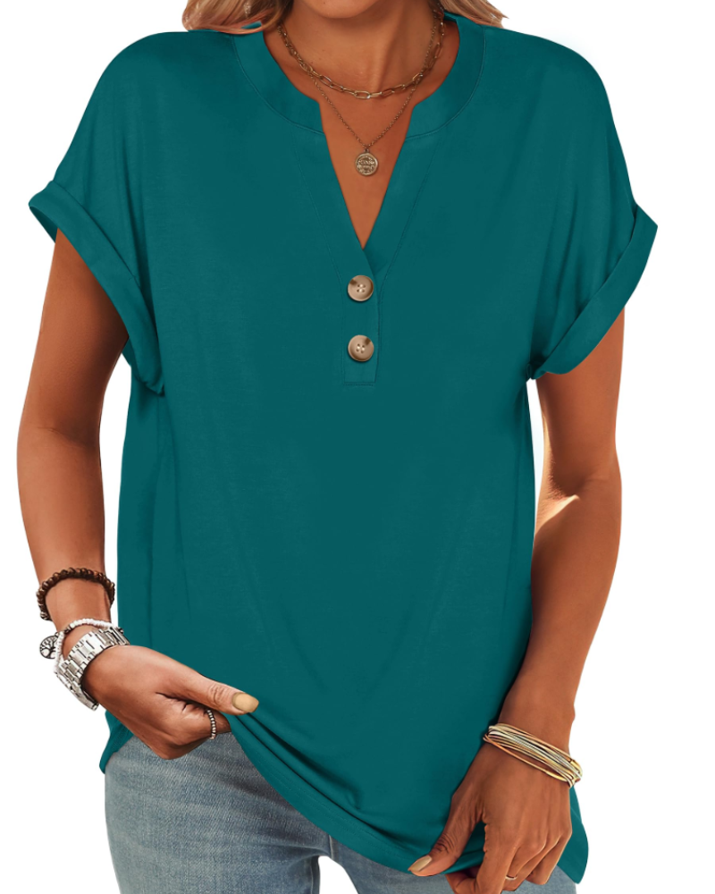 Manon Topp Dame – Henley-bluse med V-hals og knapper, ledig og elegant sommerstil