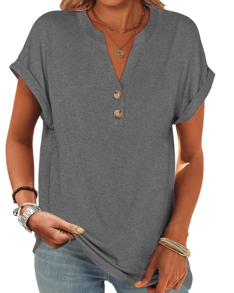 Manon Topp Dame – Henley-bluse med V-hals og knapper, ledig og elegant sommerstil