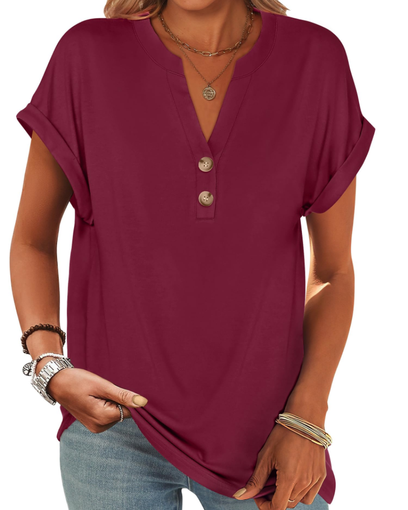Manon Topp Dame – Henley-bluse med V-hals og knapper, ledig og elegant sommerstil